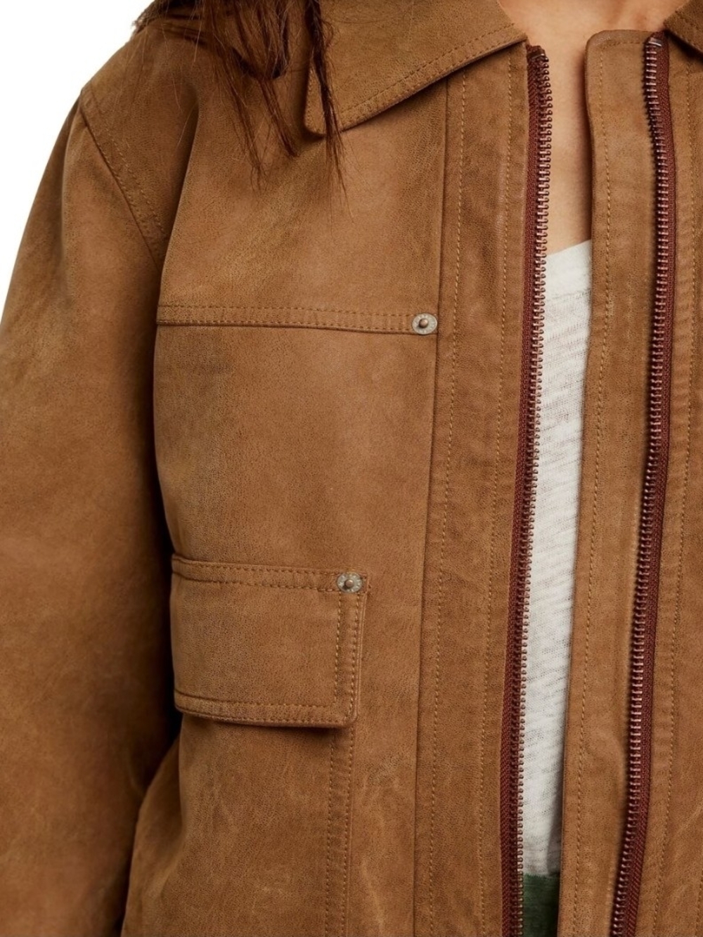 Free People Blair Vegan Suede Moto Trucker Shacket Cargo Utility Jacket Brown L - Picture 2 of 12